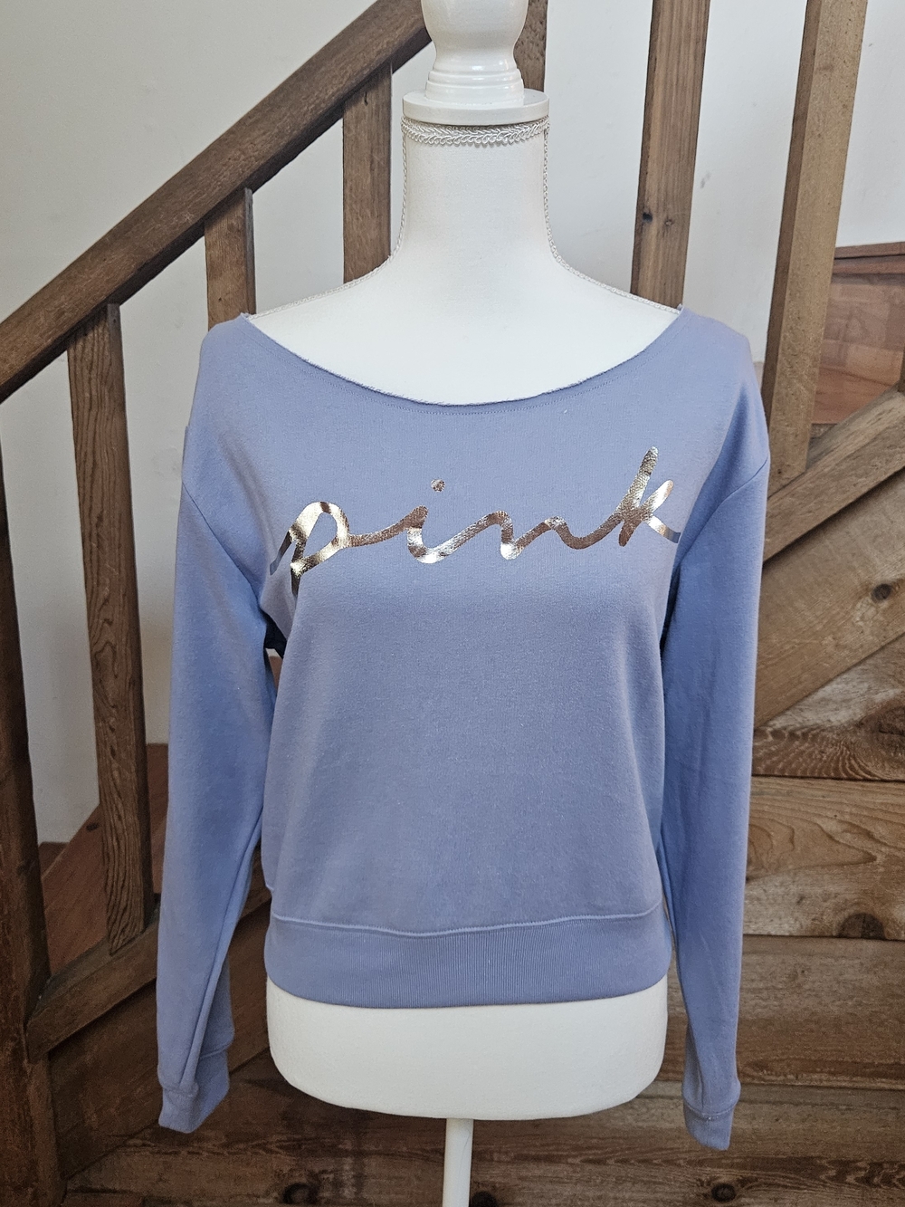 PINK Victoria's Secret Lavender Off-Shoulder Sweatshirt with Metallic Script
